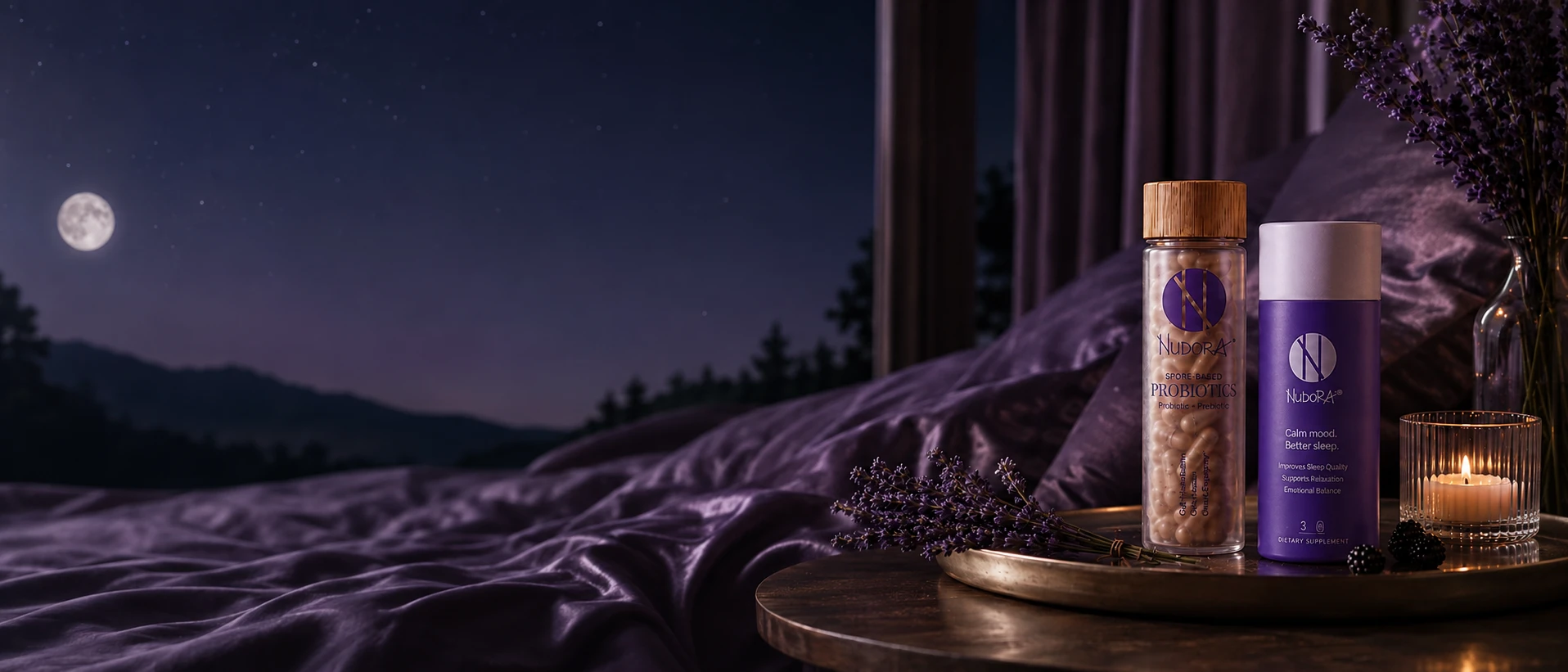 Moonlit evening bedside scene with the Nudora Life Purple calm and sleep formula