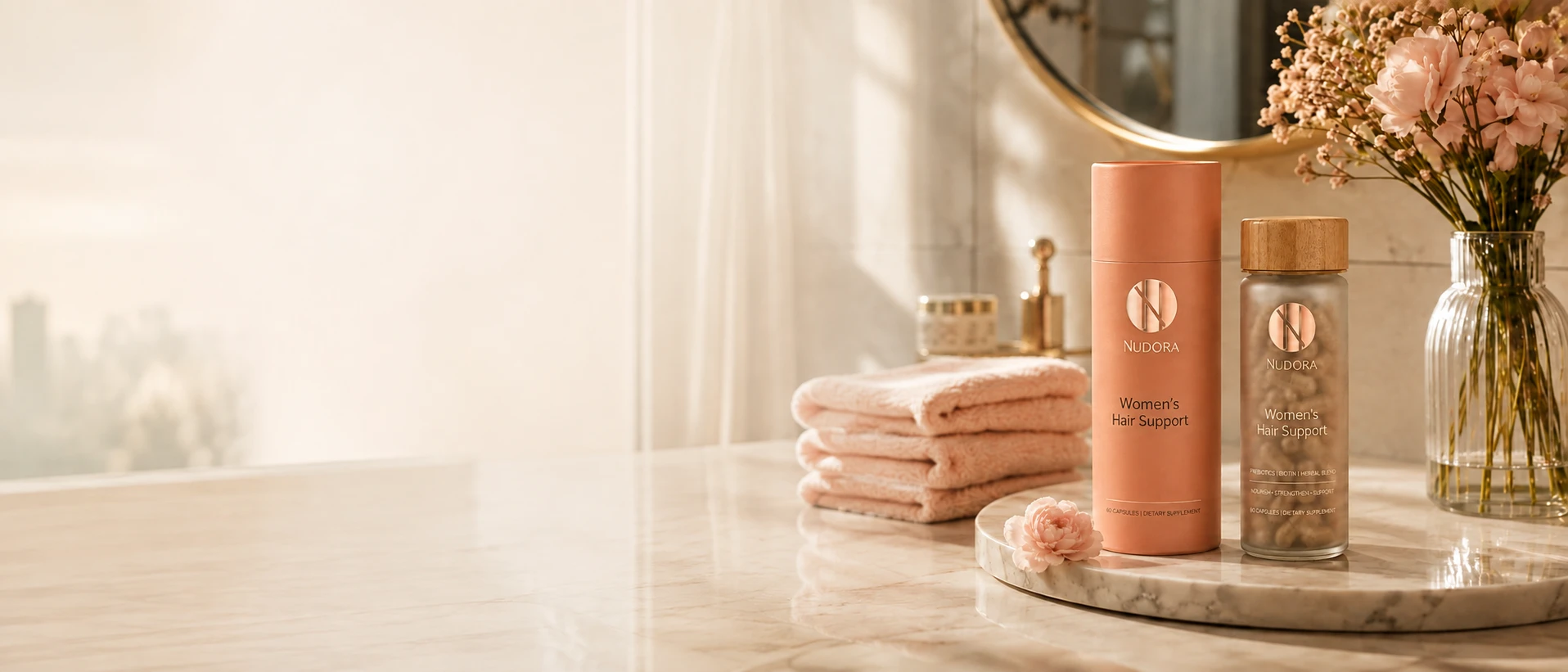 Soft vanity scene with Nudora Life Women's Hair Support